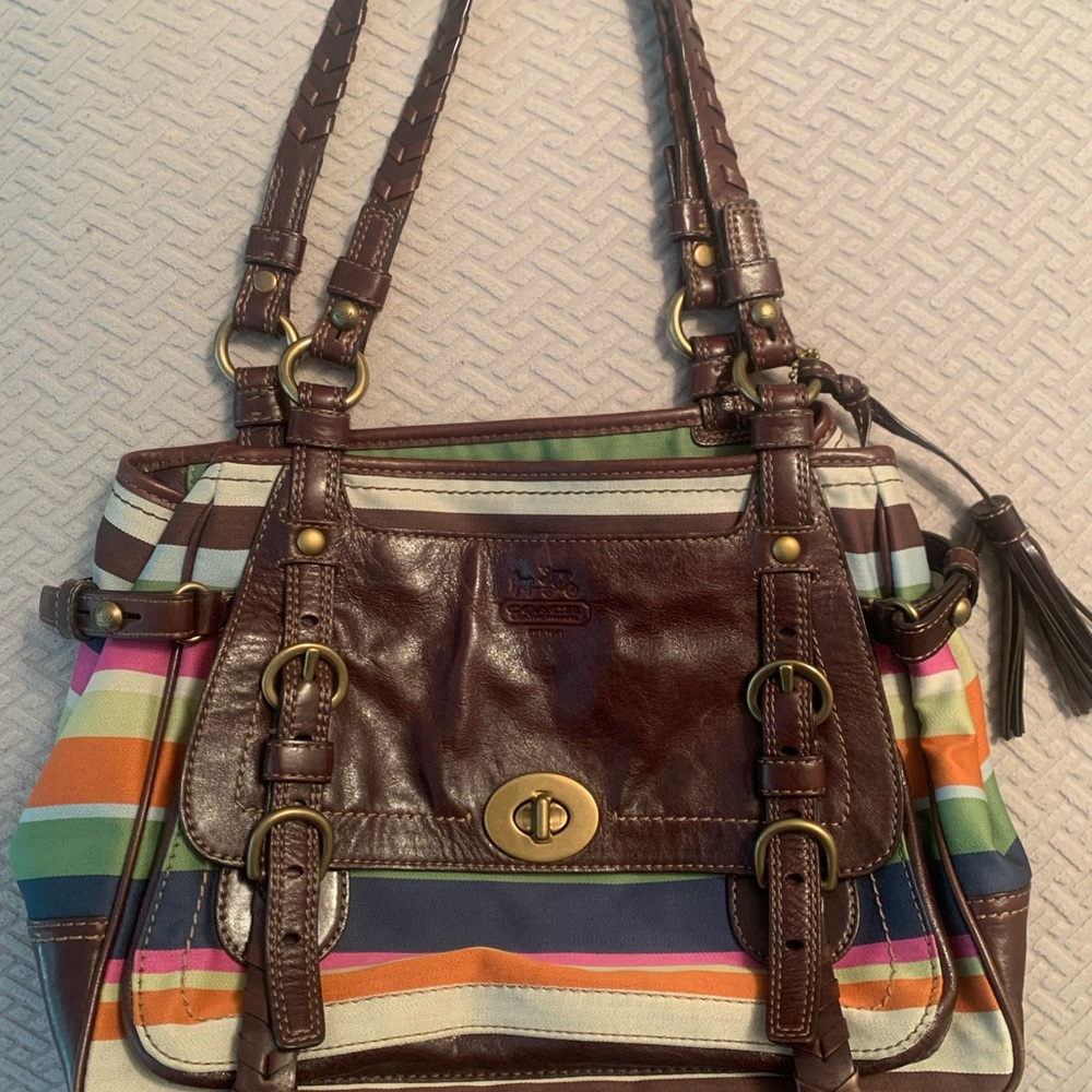 Coach Brown Leather Shoulder Bag with Striped Accents